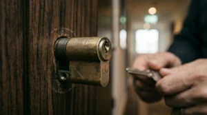 Primer plano de un bombín Yale instalado en una puerta de madera por un operario no profesional.